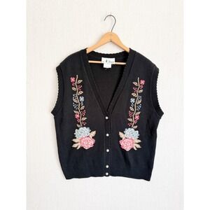 N Touch Sweater Vest‎ Floral Embroidery Vintage L Black Button Front V-Neck USA